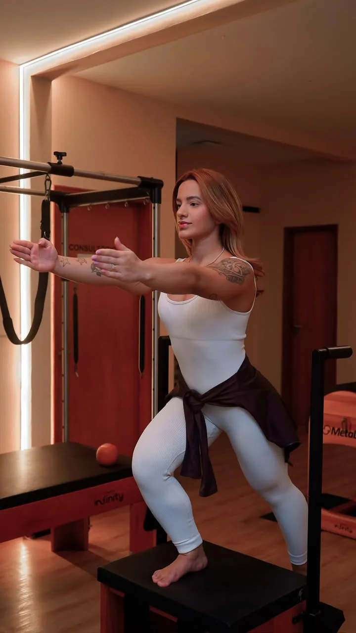 Vitória Cantalice em exercício sobre a Chair no estúdio UP Pilates